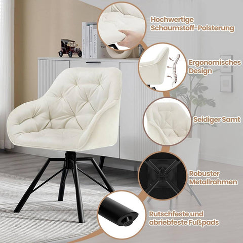 Rootz Dining Chair - Velvet Comfort Chair - Swivel Chair - Metal Legs - 57.5cm x 82.5cm x 53cm - Cream/ Dark Green/ Dark Grey/ Black/ Turquoise