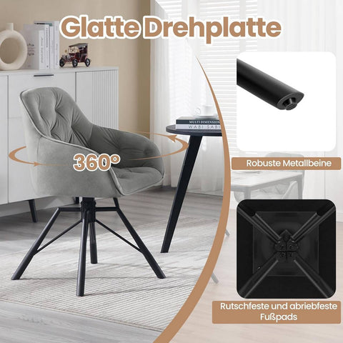 Rootz Dining Chair - Swivel Armchair - Modern Chair - Velvet Cover - 57.5cm x 82.5cm x 53cm - Ergonomic Design - Adjustable Feet