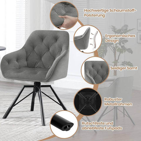 Rootz Dining Chair - Velvet Swivel Chair - 360° Rotatable - Ergonomic Design - 57.5cm x 82.5cm x 53cm - Cream/Dark Green/Dark Gray/Black/Turquoise