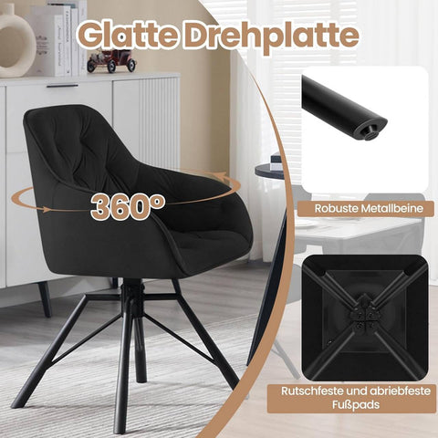 Rootz Dining Chair - Kitchen Chair - Swivel Armchair - Elegant Design - 57.5cm x 82.5cm x 53cm - Velvet & Metal - 150kg Capacity