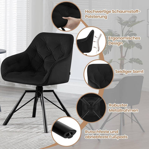 Rootz Dining Chair - Modern Kitchen Chair - Swivel Armchair - Velvet Fabric - Comfortable Seat - 57.5cm x 82.5cm x 53cm
