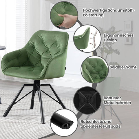 Rootz Velvet Swivel Dining Chair - Kitchen Chair - Modern Chair - Ergonomic Design - 57.5cm x 82.5cm x 53cm