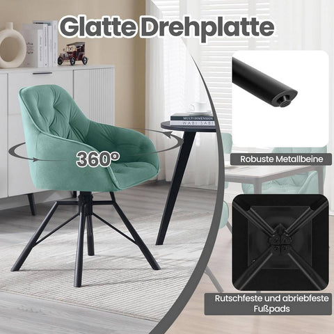 Rootz Swivel Dining Chair - Kitchen Chair - Velvet Upholstered Seat - 360° Swivel Plate - Ergonomic Design - 57.5cm x 82.5cm x 53cm