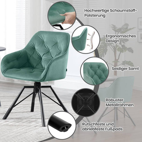 Rootz Dining Chair - Velvet Chair - Swivel Chair - Ergonomic Design - 57.5cm x 82.5cm x 53cm