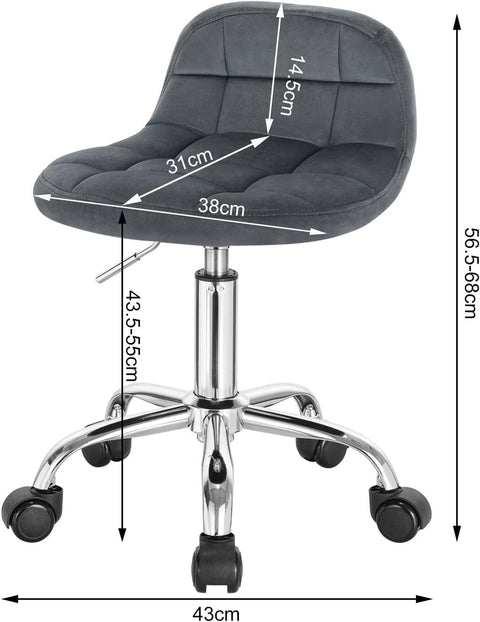 Rootz Velvet Office Stool - Adjustable Desk Chair - Ergonomic Swivel Chair - Comfortable, Flexible, Ergonomic Design - 56.5cm-68cm x 38cm x 31cm
