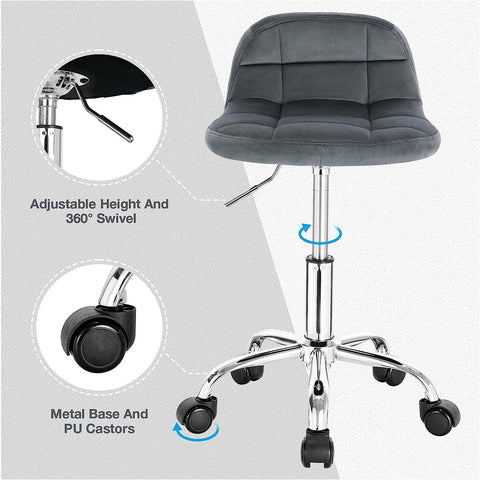 Rootz Velvet Office Stool - Adjustable Desk Chair - Ergonomic Swivel Chair - Comfortable, Flexible, Ergonomic Design - 56.5cm-68cm x 38cm x 31cm