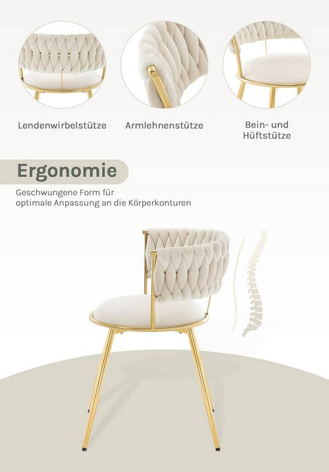 Rootz Dining Chair Set - Kitchen Chair - Upholstered Velvet Chair - Ergonomic Comfort - 56.5x74.5x53cm - Beige