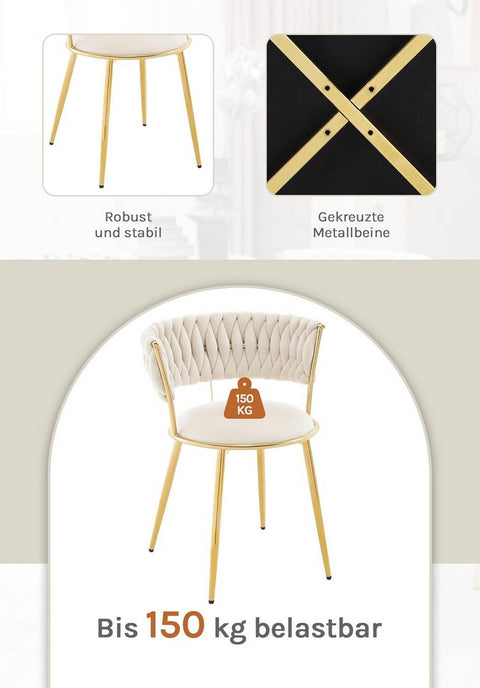 Rootz Dining Chair Set - Kitchen Chair - Upholstered Velvet Chair - Ergonomic Comfort - 56.5x74.5x53cm - Beige