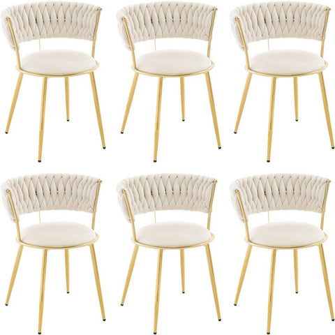 Rootz 6-Piece Dining Chair Set - Kitchen Chair - Velvet Chairs with Woven Backrest - Ergonomic Comfort - 56.5x74.5x53cm - Beige
