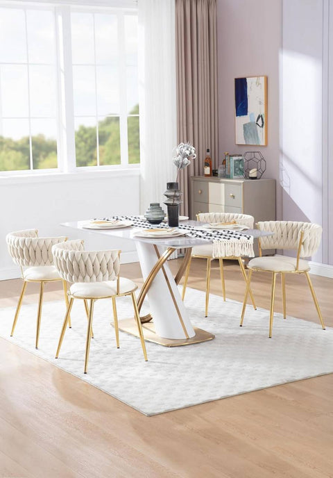 Rootz 6-Piece Dining Chair Set - Kitchen Chair - Velvet Chairs with Woven Backrest - Ergonomic Comfort - 56.5x74.5x53cm - Beige