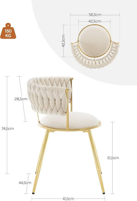 Rootz Dining Chair Set - Kitchen Seating - Velvet Upholstered Chairs - Luxurious Comfort - 56.5cm x 74.5cm x 53cm - Beige Velvet with Metal Legs