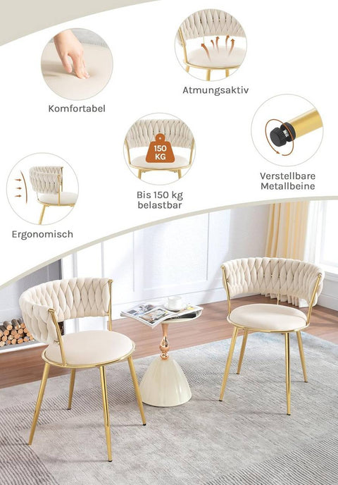 Rootz Dining Chair Set - Kitchen Chair - Upholstered Velvet Chair - Ergonomic Comfort - 56.5x74.5x53cm - Beige