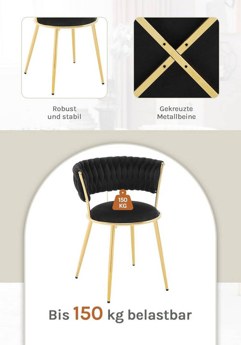 Rootz Dining Chair Set - Kitchen Chair - Velvet Upholstered Seat - Ergonomic Comfort - 56.5x74.5x53cm - Woven Backrest - Metal Legs - Black, Gold