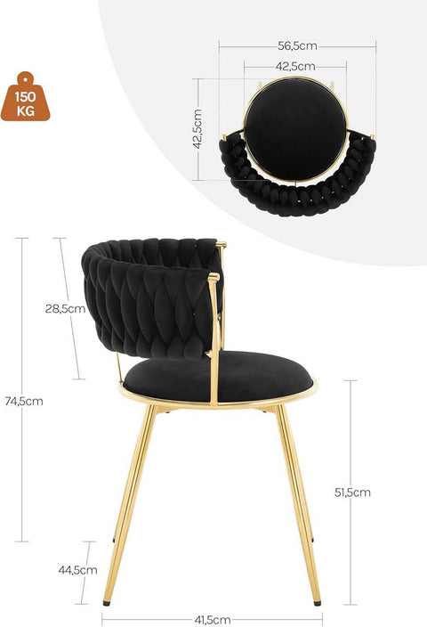 Rootz Dining Chair Set - Kitchen Chair - Velvet Upholstered Seat - Ergonomic Comfort - 56.5x74.5x53cm - Woven Backrest - Metal Legs - Black, Gold