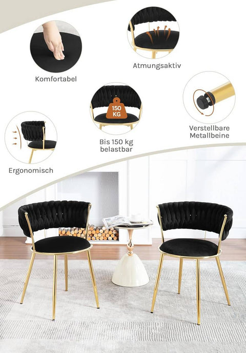 Rootz Dining Chair Set - Kitchen Chair - Woven Backrest Chair - Velvet Comfort - 56.5 x 74.5 x 53 cm - Black - Ergonomic Design