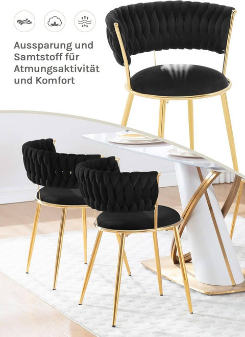 Rootz Dining Chair Set - Kitchen Chair - Velvet Upholstered Seat - Ergonomic Comfort - 56.5x74.5x53cm - Woven Backrest - Metal Legs - Black, Gold