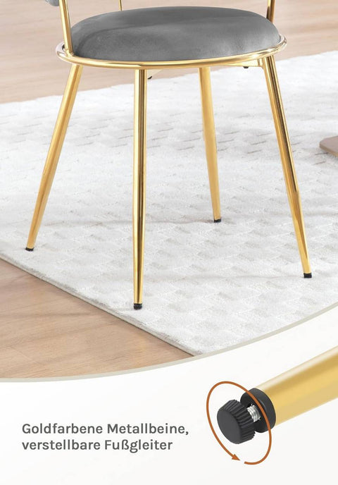 Rootz Dining Chair Set - Kitchen Chair - Woven Backrest - Velvet Comfort - 56.5 x 74.5 x 53 cm - Luxurious Grey, Gold Frame, Ergonomic Design