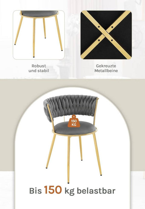 Rootz Dining Chair Set - Kitchen Chair - Woven Backrest - Velvet Comfort - 56.5 x 74.5 x 53 cm - Luxurious Grey, Gold Frame, Ergonomic Design