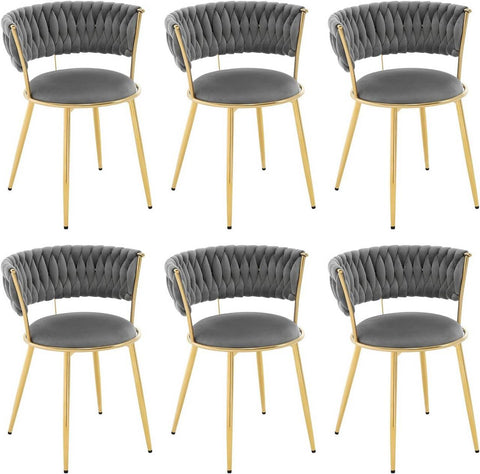 Rootz Dining Chair Set - Kitchen Chair - Woven Backrest - Velvet Comfort - 56.5 x 74.5 x 53 cm - Luxurious Grey, Gold Frame, Ergonomic Design