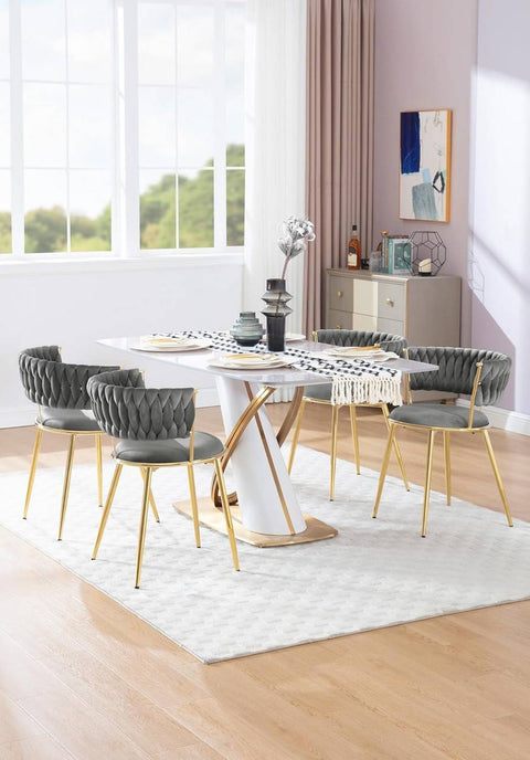 Rootz Dining Chair Set - Kitchen Chair - Woven Backrest - Velvet Comfort - 56.5 x 74.5 x 53 cm - Luxurious Grey, Gold Frame, Ergonomic Design
