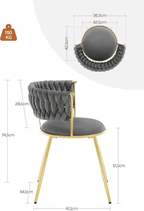 Rootz 2 Piece Set Dining Chair - Kitchen Chair - Velvet Upholstered - Ergonomic Comfort - 56.5x74.5x53cm - Grey Velvet