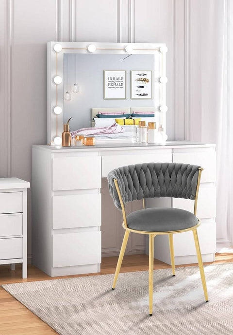 Rootz Dining Chair Set - Kitchen Chair - Woven Backrest - Velvet Comfort - 56.5 x 74.5 x 53 cm - Luxurious Grey, Gold Frame, Ergonomic Design