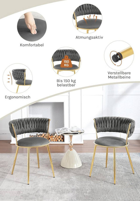 Rootz Grey Velvet Dining Chair Set - Kitchen Chairs - Woven Backrest - Ergonomic Comfort - 56.5cm x 74.5cm x 53cm