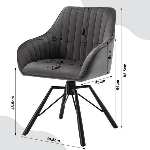 Rootz Rotating Dining Chairs Set of 4 - Velvet Armchairs - Swivel Chairs - 360 Degree Rotation, Soft & Comfortable, Robust & Stable - Metal Legs - Dark Gray - 58cm x 83.5cm x 53.5cm