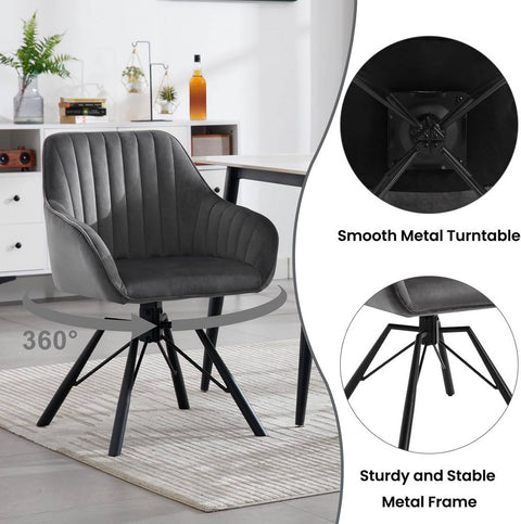 Rootz Rotating Dining Chairs Set of 4 - Velvet Armchairs - Swivel Chairs - 360 Degree Rotation, Soft & Comfortable, Robust & Stable - Metal Legs - Dark Gray - 58cm x 83.5cm x 53.5cm
