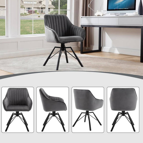 Rootz Rotating Dining Chairs Set of 4 - Velvet Armchairs - Swivel Chairs - 360 Degree Rotation, Soft & Comfortable, Robust & Stable - Metal Legs - Dark Gray - 58cm x 83.5cm x 53.5cm