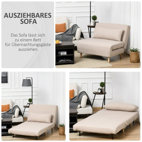 Rootz Single Sofa Bed - Convertible Sofa - Sleeper Chair - Versatile - Comfortable - Stylish - 94W x 78D x 80H cm (Sofa) - 94W x 190D x 27H cm (Bed) - Imitation Linen - Rubber Wood