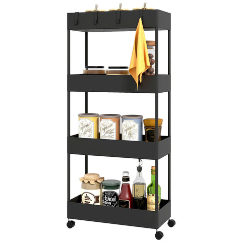 Rootz Black Kitchen Cart - Niche Car - Mobile Trolley - Space-Saving Storage - 40cm x 19cm x 90cm with Hooks & Wheels
