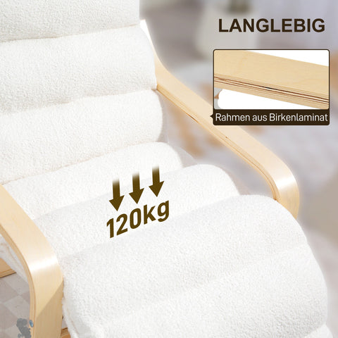 Rootz Lounge Armchair - Upholstered Armchair - Reading Chair - Adjustable Footrest - Birch Wood - 67cm x 93-114cm x 105cm - White