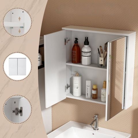 Rootz Mirror Cabinet - Bathroom Storage - Wall Shelf - Sturdy MDF & Glass - 58.5L x 14W x 60H cm - Keeps Bathroom Tidy