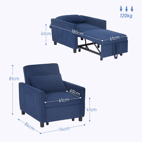 Rootz Adjustable Corduroy Sleeper Chair - Convertible Bed Chair - Recliner Chair - Comfort - 74cm x 84cm x 81cm (Sofa), 61cm x 180cm x 41cm (Bed)