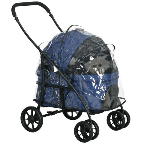 Rootz Dog Buggy - Pet Stroller - Foldable - Rain Cover - Pet Cart - 2 Safety Lines - Oxford Cloth - Steel - Dark Blue - 81x 68 X 98.5 Cm