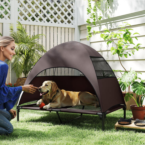 Rootz Elevated Outdoor Dog Bed - Pet Shelter - Raised Canopy - Sun Protection - 106 x 76 x 99 cm - Brown