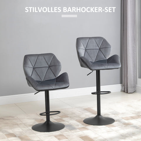 Rootz Bar Stool Set of 2 Grey- Padded Bar Chairs - Velvet Look Stools - Adjustable, Ergonomic - Metal Frame, 360° Rotation, 57x58x97-117cm