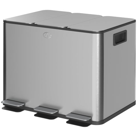 Rootz Trash Can 3 x 20L - Recycling Bin - Waste Separator - Odor Control - Soft Close, Removable, Silver, 61.9x36.6x56.7cm