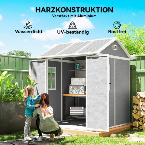 Rootz Garden Shed - Storage House - Outdoor Utility Shelter - Lockable & Waterproof, UV Resistant, Grey, and White 181x181x220cm, With Window & Floor