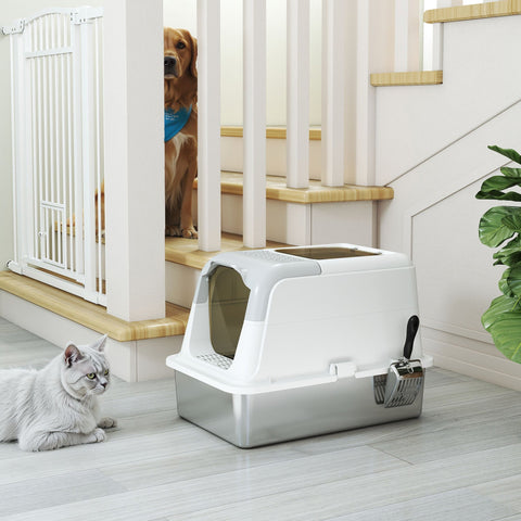 Rootz Kackenklo - Cat Litter Box - Closed Cat Toilet with Lid - Odor-Resistant - 60.4L x 40.4W x 41.8H cm - Stainless Steel