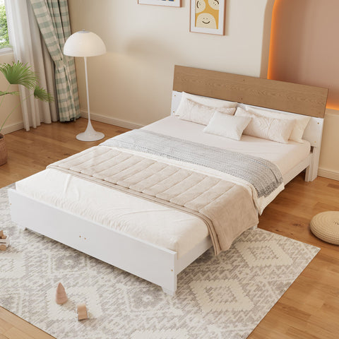 Rootz Double Bed with Headboard - Modern Bed - Sturdy Frame - Optimal Stability - 216.5cm x 172cm x 82cm - White + Natural