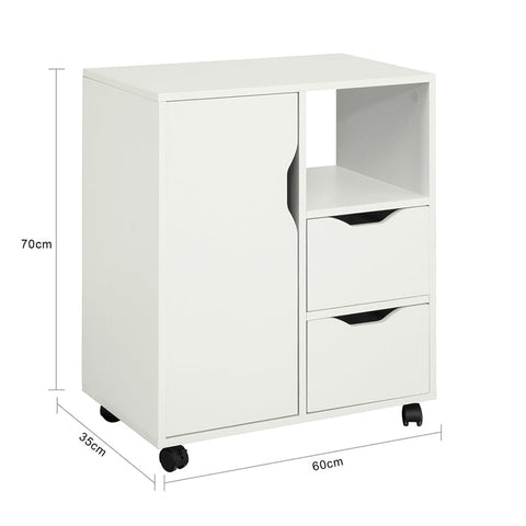 Rootz Mobile Printer Stand with Storage - Office Cabinet - Utility Cart - Versatile Use as Kitchen Cabinet or Side Table - Lockable Wheels - Durable PB Material - 60cm x 70cm x 35cm - White
