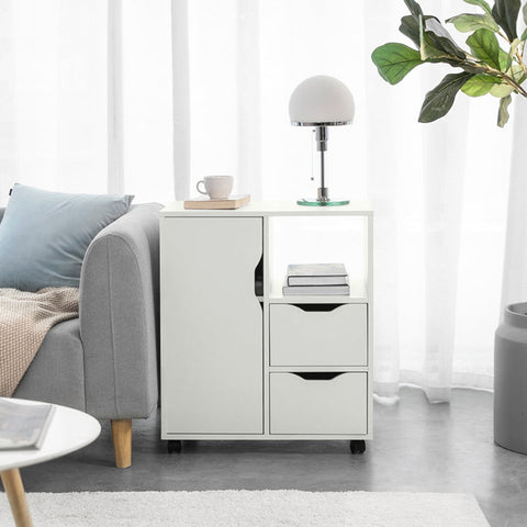 Rootz Mobile Printer Stand with Storage - Office Cabinet - Utility Cart - Versatile Use as Kitchen Cabinet or Side Table - Lockable Wheels - Durable PB Material - 60cm x 70cm x 35cm - White