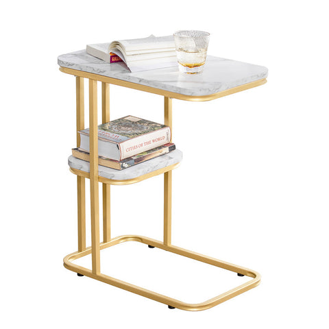 Rootz Modern Side Table - Magazine Rack - Mobile Workstation - MDF with Marble Finish - Adjustable Feet - 50cm x 58cm x 30cm