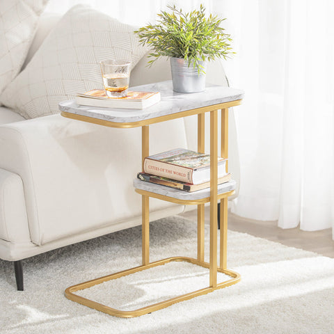 Rootz Modern Side Table - Magazine Rack - Mobile Workstation - MDF with Marble Finish - Adjustable Feet - 50cm x 58cm x 30cm