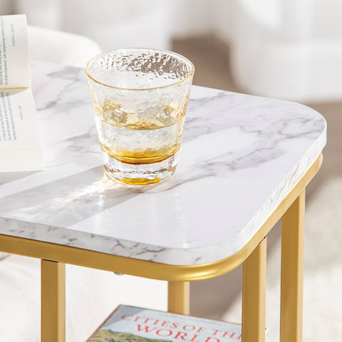 Rootz Modern Side Table - Magazine Rack - Mobile Workstation - MDF with Marble Finish - Adjustable Feet - 50cm x 58cm x 30cm