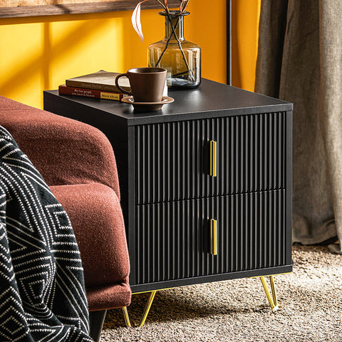 Rootz Modern Bedside Table with 2 Drawers - Sofa Table - Side Table - Scratch-Resistant Floor Protectors - Elegant Black and Gold Design - Easy Assembly - 40cm x 47cm x 40cm