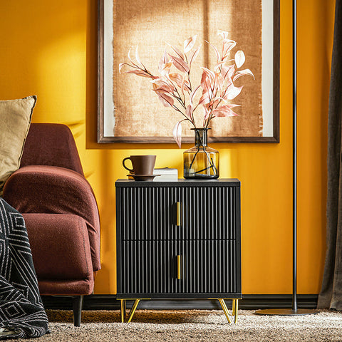 Rootz Modern Bedside Table with 2 Drawers - Sofa Table - Side Table - Scratch-Resistant Floor Protectors - Elegant Black and Gold Design - Easy Assembly - 40cm x 47cm x 40cm