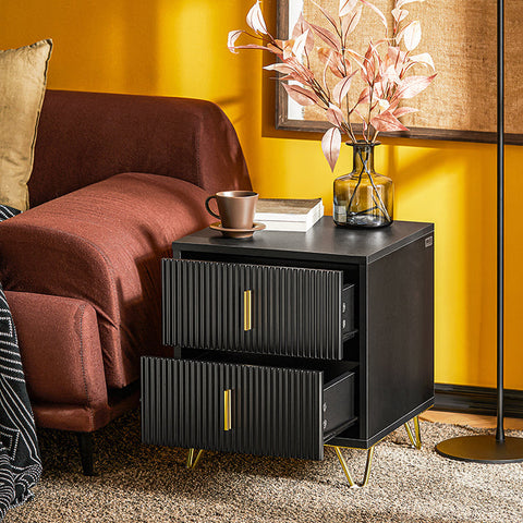 Rootz Modern Bedside Table with 2 Drawers - Sofa Table - Side Table - Scratch-Resistant Floor Protectors - Elegant Black and Gold Design - Easy Assembly - 40cm x 47cm x 40cm